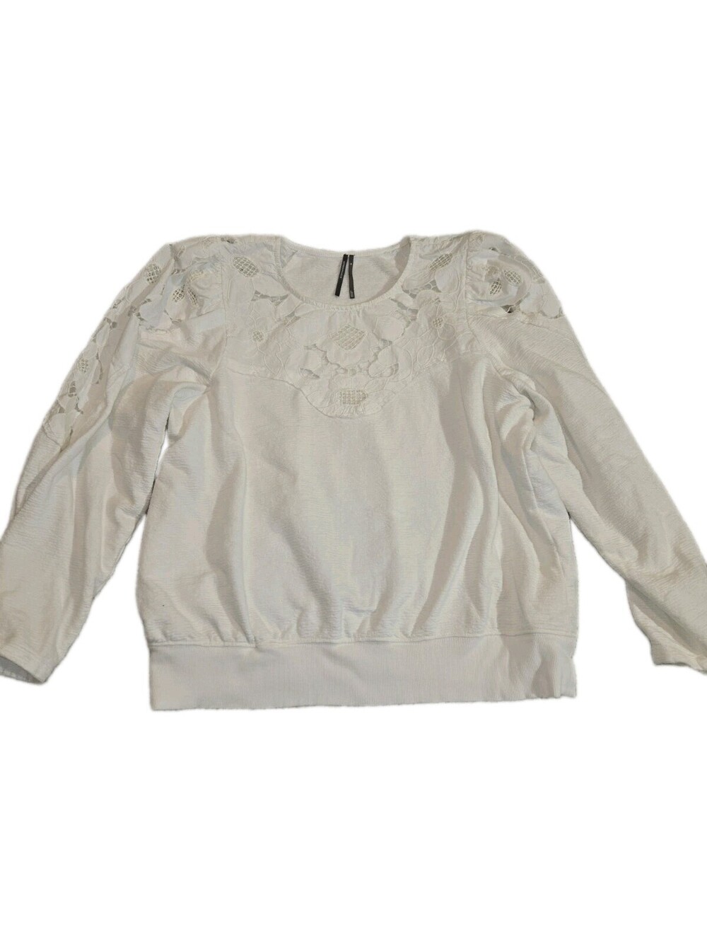 anthropologie xl Pullover Top White With Floral Mesh Inlaid Fleece Lined 💯...